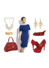 Red accessories to dark blue dress