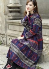 Wide Blue Chinese Style Print Dress