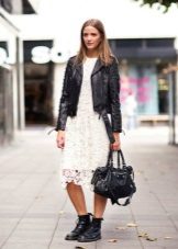 Guipure dress with a leather jacket