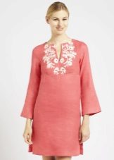 Linen trapezoid dress with embroidery