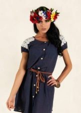 Linen blue dress with lace trim sleeves