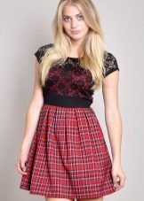 Short plaid dress (tartan) with a guipure top