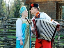 Wedding dress in Russian folk style with blue elements