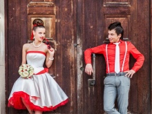 White and red wedding dress for a themed wedding