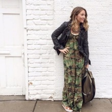 Camouflage dress with black leather jacket