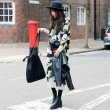 Camouflage dress with a hat, bag, and black jacket