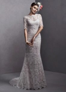 Openwork straight wedding dress with a short sleeve