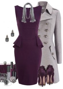 Eggplant dress and gray coat