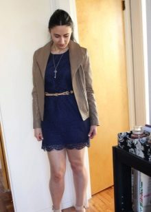 Navy blue lace dress with beige leather jacket