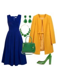 Dark blue dress with green accessories