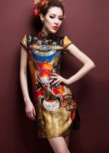 Oriental-style silk dress with bright national pattern