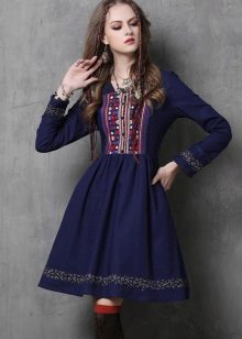 Linen navy blue dress with embroidery