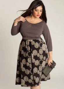 Dress Tatyanka from monophonic light fabric on a top and dark fabric with a print on a skirt for full women