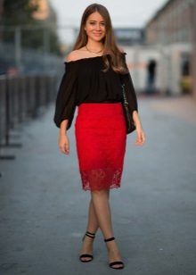 Red lace pencil skirt