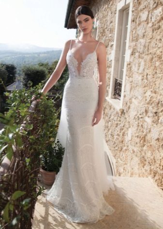 Lace wedding dress with a deep neckline