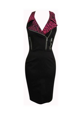 Black dress with a red leopard collar print