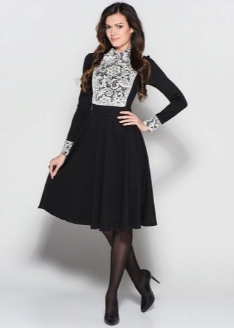 Black dress Tatyanka with white lace cuffs and white lace chest