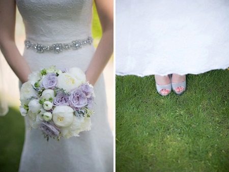 Wedding bouquet and shoes on the lavender wedding