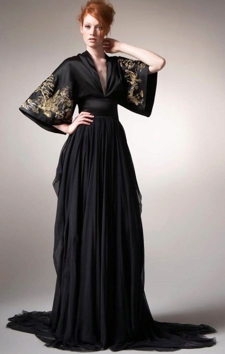 Evening long black dress with embroidery in oriental style