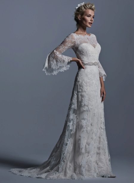 Guipure wedding dress with a train