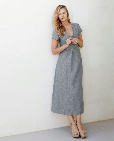 Linen dress in gray MIDI length