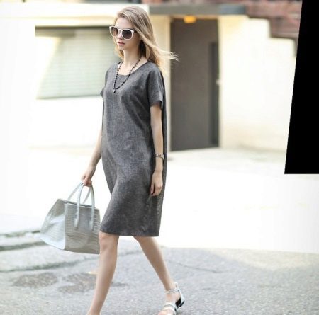 White bag to gray linen dress