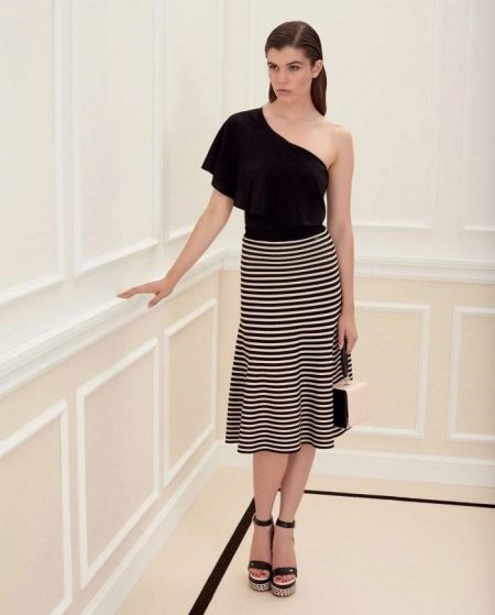 Dress on one shoulder with striped skirt