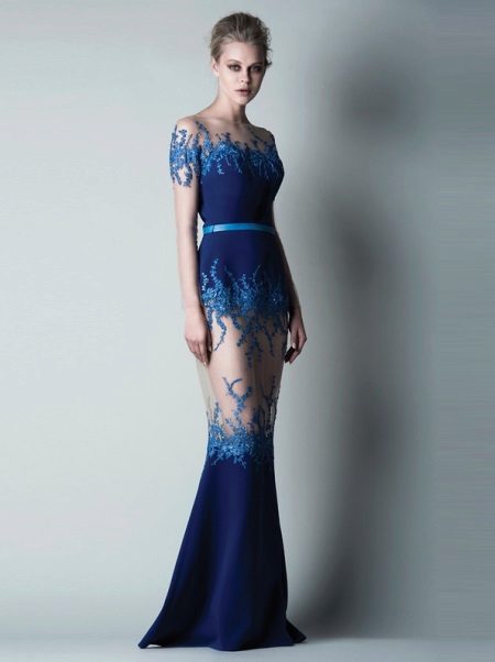 Beautiful navy blue evening dress with transparent elements