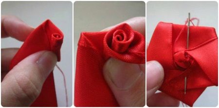 2 stage of twisting a rose from a ribbon